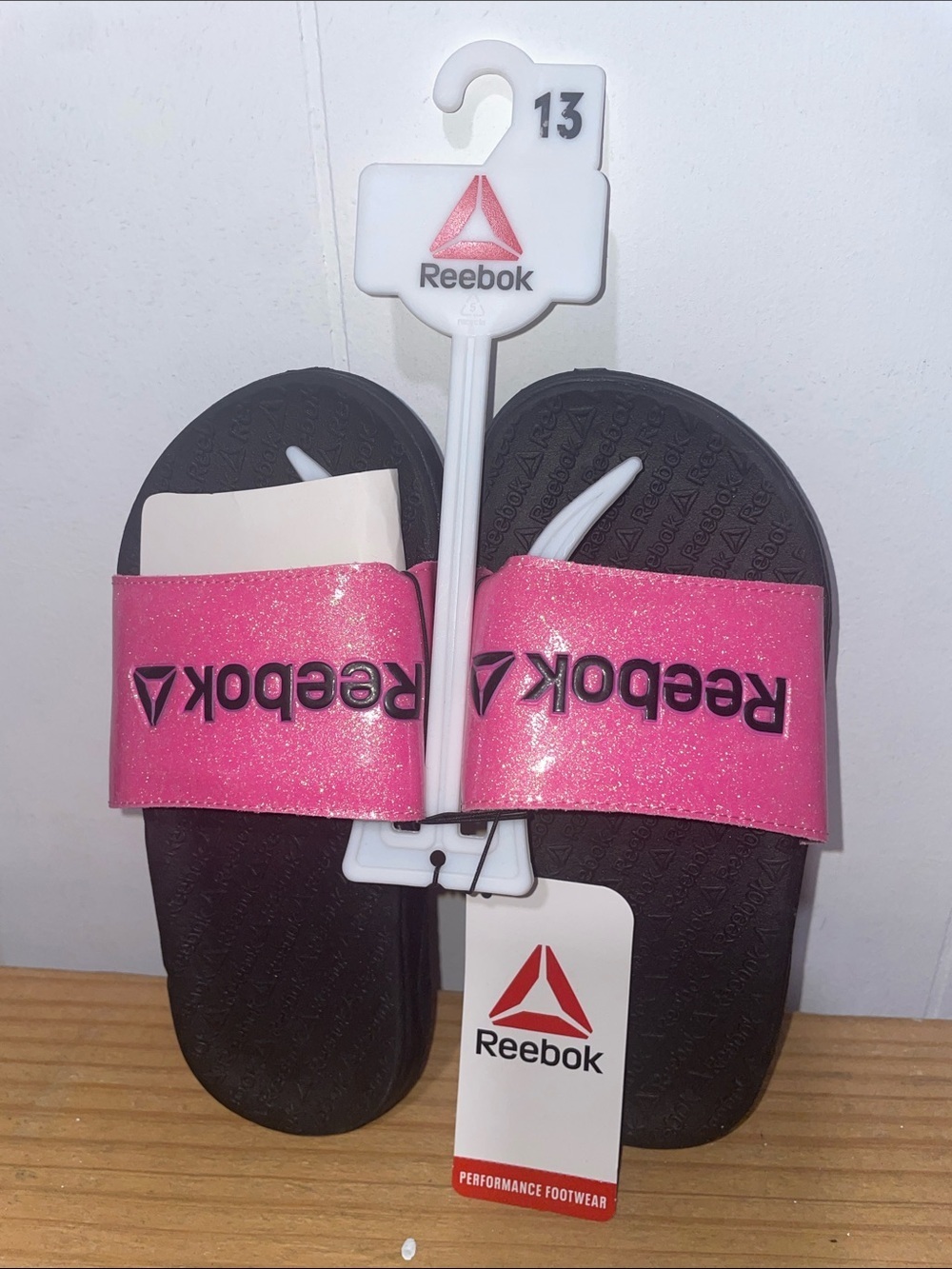 Reebok Pink Glitter Slide Sandals with Black Footbed